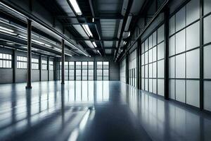 an empty warehouse with large windows and lots of light. AI-Generated photo