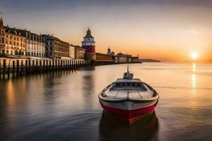 a boat is docked in the water at sunset. AI-Generated photo