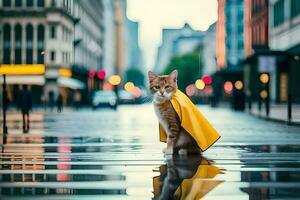 a cat wearing a yellow cape on a rainy street. AI-Generated photo