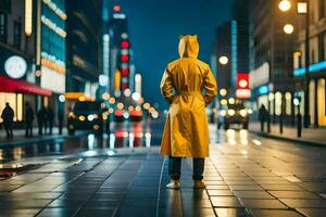 a person in a yellow raincoat standing on a city street at night. AI-Generated photo
