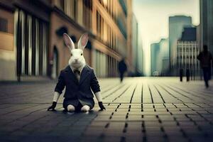 a rabbit dressed in a suit sits on the ground. AI-Generated photo