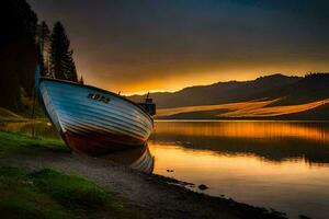 a boat sits on the shore of a lake at sunset. AI-Generated photo