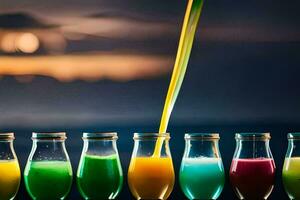 juice being poured into glass bottles with colorful liquid. AI-Generated photo