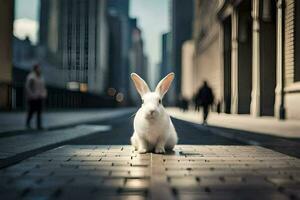 a white rabbit sitting on the sidewalk in a city. AI-Generated photo