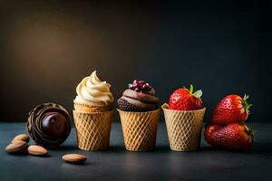 various ice cream cones with strawberries and nuts. AI-Generated photo