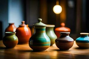 a group of colorful vases sitting on a table. AI-Generated photo