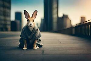 a rabbit in a robe sitting on the ground. AI-Generated photo