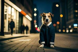 a dog in a suit sitting on the street at night. AI-Generated photo