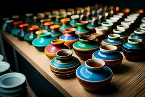 a row of colorful vases on a table. AI-Generated photo