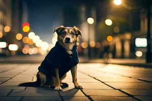 a dog in a coat sitting on the street at night. AI-Generated photo