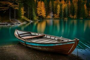 a boat sits on the shore of a lake. AI-Generated photo