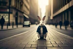 a rabbit wearing a suit and tie stands on a street. AI-Generated photo
