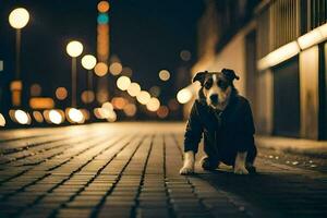 a dog sitting on the street at night. AI-Generated photo