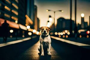 a dog sitting on the street at night. AI-Generated photo