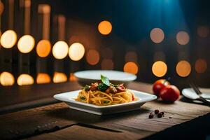 a plate of pasta with tomato and basil on a wooden table. AI-Generated photo