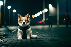 a dog sitting on the street at night. AI-Generated photo