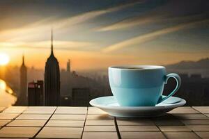 coffee cup on the table with cityscape in the background. AI-Generated photo