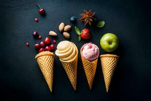 three ice cream cones with different flavors on a black background. AI-Generated photo