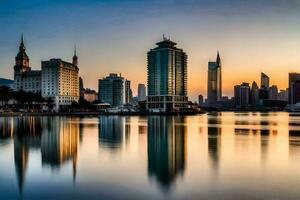 el ciudad horizonte es reflejado en el agua a puesta de sol. generado por ai foto