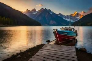 a boat docked at the end of a dock in front of mountains. AI-Generated photo