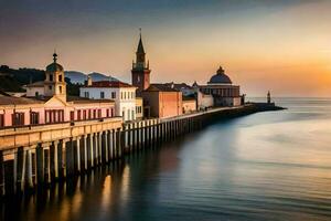 the sun sets over a pier and buildings in italy. AI-Generated photo