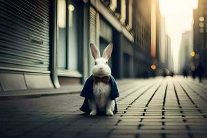 a white rabbit wearing a suit and tie on a city street. AI-Generated photo