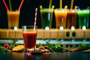 un variedad de jugos y bebidas son arreglado en un mesa. generado por ai foto