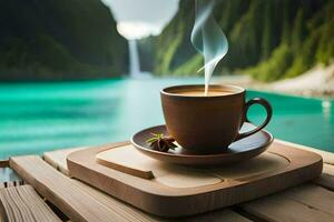 a cup of coffee on a wooden table in front of a lake. AI-Generated photo