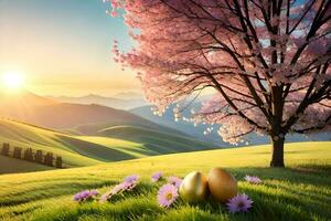 the golden eggs are placed on the grass in front of the tree. AI-Generated photo