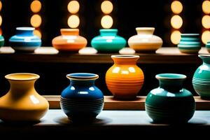a row of colorful vases sit on a shelf. AI-Generated photo