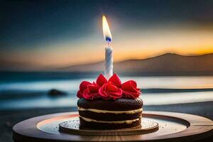 a chocolate cake with a single candle on top. AI-Generated photo