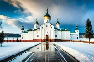 the white church with gold domes is surrounded by snow. AI-Generated photo