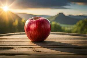 an apple sits on a wooden table in front of a mountain. AI-Generated photo