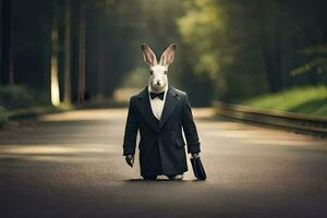 un Conejo vestido en un traje y Corbata en pie en un la carretera. generado por ai foto