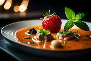 a plate of soup with strawberries and mint leaves. AI-Generated photo