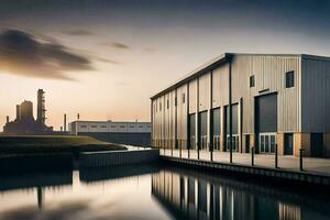 a factory building with a dock and water. AI-Generated photo