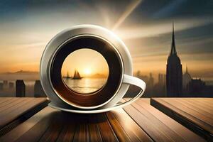 a cup of coffee on a table with a view of the city. AI-Generated photo