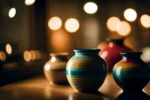 three vases are sitting on a table in front of a window. AI-Generated photo