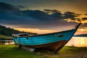 a boat sits on the shore of a lake at sunset. AI-Generated photo