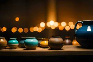 a row of vases on a table with candles in the background. AI-Generated photo