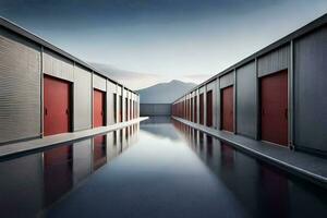 a long row of storage buildings with red doors. AI-Generated photo