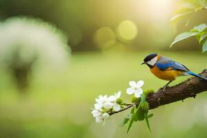 a bird sits on a branch with flowers in the background. AI-Generated photo