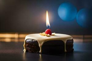 a single candle is lit on a chocolate cake. AI-Generated photo