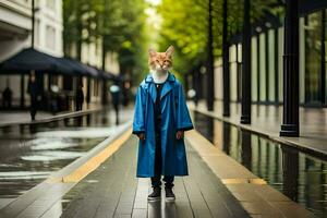 a cat wearing a blue coat and standing on a street. AI-Generated photo