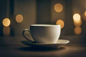 a cup of coffee on a table in front of a blurred background. AI-Generated photo