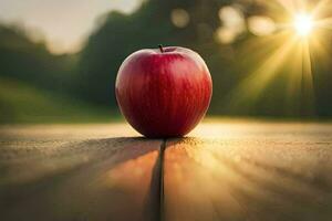 an apple sits on a wooden table in front of the sun. AI-Generated photo