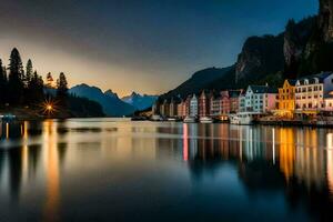 el pueblo de Hallstatt a oscuridad. generado por ai foto