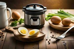an electric pressure cooker with eggs and other ingredients. AI-Generated photo