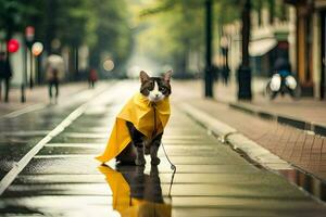 a cat in a yellow raincoat standing on a wet street. AI-Generated photo