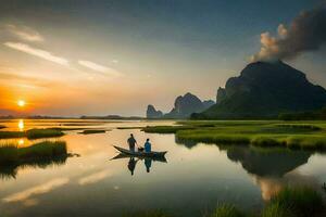 two people in a boat on a lake with mountains in the background. AI-Generated photo